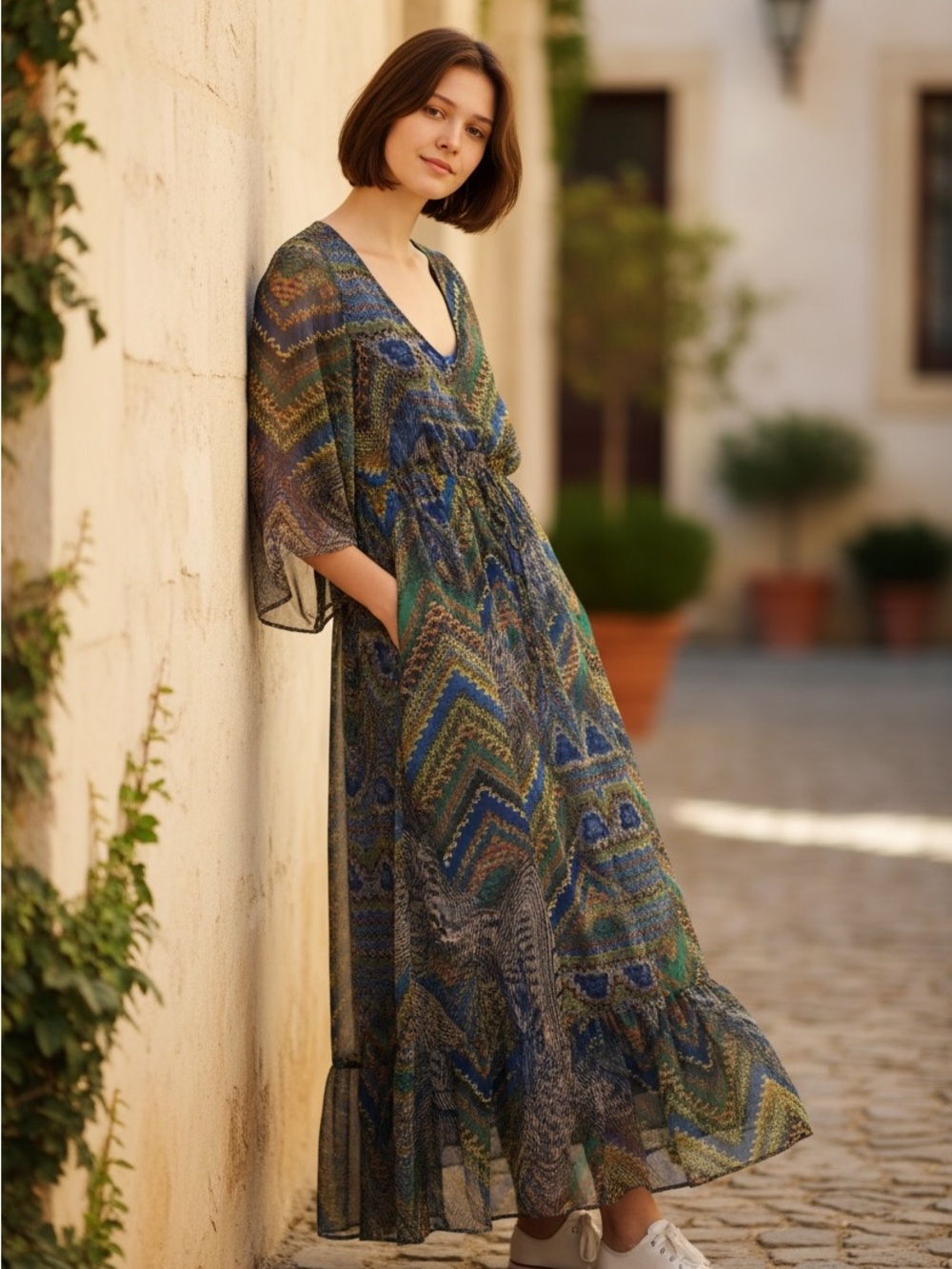 0030. Lucky Brand Blue & Green Chevron Print Maxi Dress